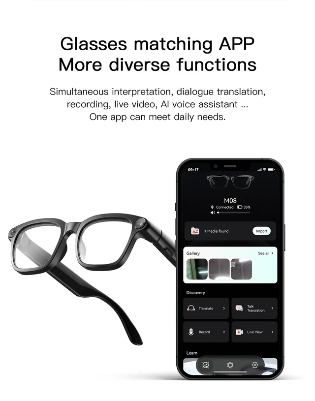 Alt view image 6 of 7 - Pack 2pcs new smart glasses support different face shapes, featuring AI-powered translation, 4K, 8MP photo and video capture, and Bluetooth music playback. M08-D