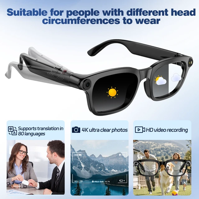Alt view image 2 of 7 - Pack 2pcs new smart glasses support different face shapes, featuring AI-powered translation, 4K, 8MP photo and video capture, and Bluetooth music playback. M08-D