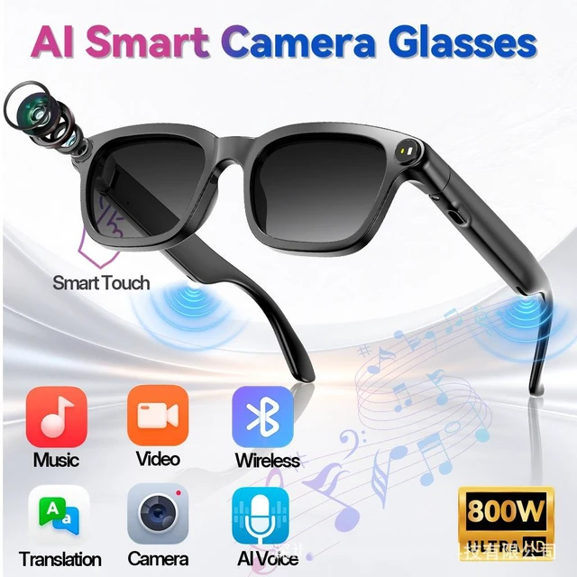 Main image of Pack 2pcs new smart glasses support different face shapes, featuring AI-powered translation, 4K, 8MP photo and video capture, and Bluetooth music playback. M08-D