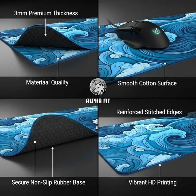 Alt view image 4 of 7 - Alpha Fit Classic Great Wave off Kanagawa Gaming Mouse Pad XXL (35.4" x 15.7") - Traditional Blue Japanese Art Desk Mat - Non-Slip Rubber Base for Office