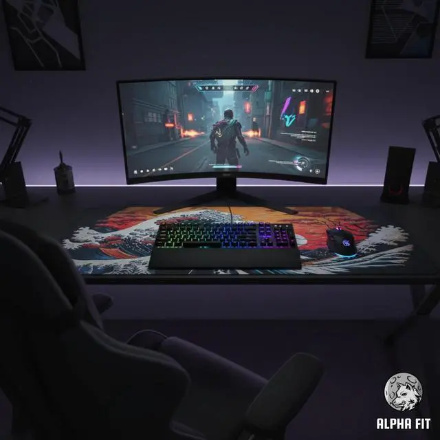 Alt view image 6 of 7 - Alpha Fit Orange Sunset Great Wave Gaming Mouse Pad XXL (35.4" x 15.7") - Warm Golden Hour Japanese Art Desk Mat - Lofi Aesthetic Extended Pad