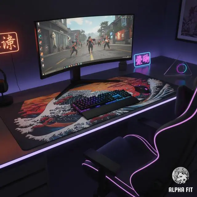 Alt view image 4 of 7 - Alpha Fit Orange Sunset Great Wave Gaming Mouse Pad XXL (35.4" x 15.7") - Warm Golden Hour Japanese Art Desk Mat - Lofi Aesthetic Extended Pad