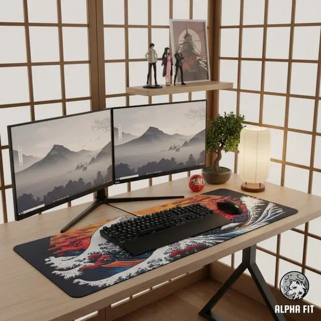 Alt view image 5 of 7 - Alpha Fit Orange Sunset Great Wave Gaming Mouse Pad XXL (35.4" x 15.7") - Warm Golden Hour Japanese Art Desk Mat - Lofi Aesthetic Extended Pad