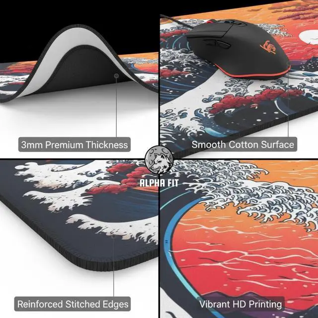 Alt view image 3 of 7 - Alpha Fit Orange Sunset Great Wave Gaming Mouse Pad XXL (35.4" x 15.7") - Warm Golden Hour Japanese Art Desk Mat - Lofi Aesthetic Extended Pad