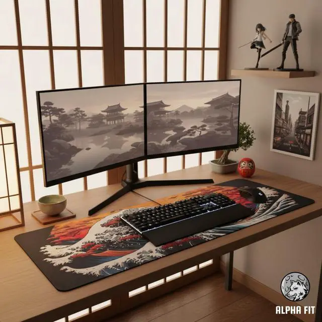 Alt view image 7 of 7 - Alpha Fit Orange Sunset Great Wave Gaming Mouse Pad XXL (35.4" x 15.7") - Warm Golden Hour Japanese Art Desk Mat - Lofi Aesthetic Extended Pad
