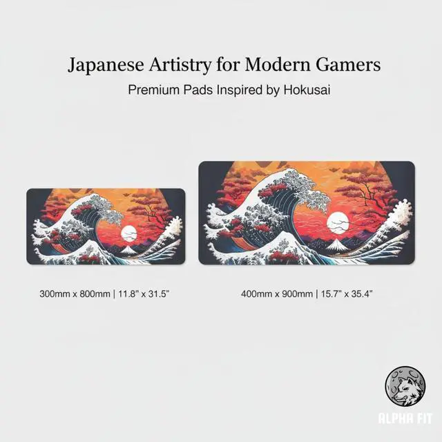 Alt view image 2 of 7 - Alpha Fit Orange Sunset Great Wave Gaming Mouse Pad XXL (35.4" x 15.7") - Warm Golden Hour Japanese Art Desk Mat - Lofi Aesthetic Extended Pad
