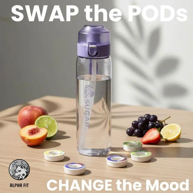 Alt view image 3 of 7 - Alpha Fit 22oz Flavored Water Bottle with 3 Flavor Pods - BPA-Free, Leak-Proof Reusable Bottle for School, Kids & Teens Violet Purple