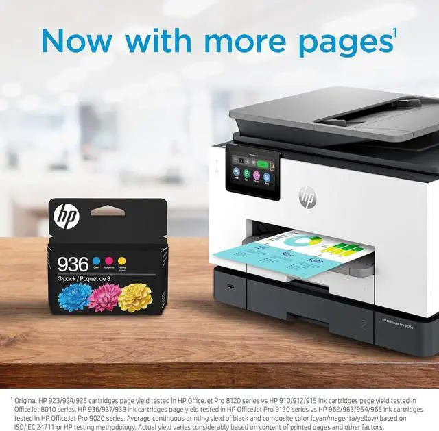 Alt view image 4 of 7 - HP Original 936e Black EvoMore Ink / 936 Tri-Color Ink Cartridges (2-Pack) | Works with Printer Series: OfficeJet 9120, Pro 9100, Pro Wide Format 9700 | Carbon Neutral | C84QZLN