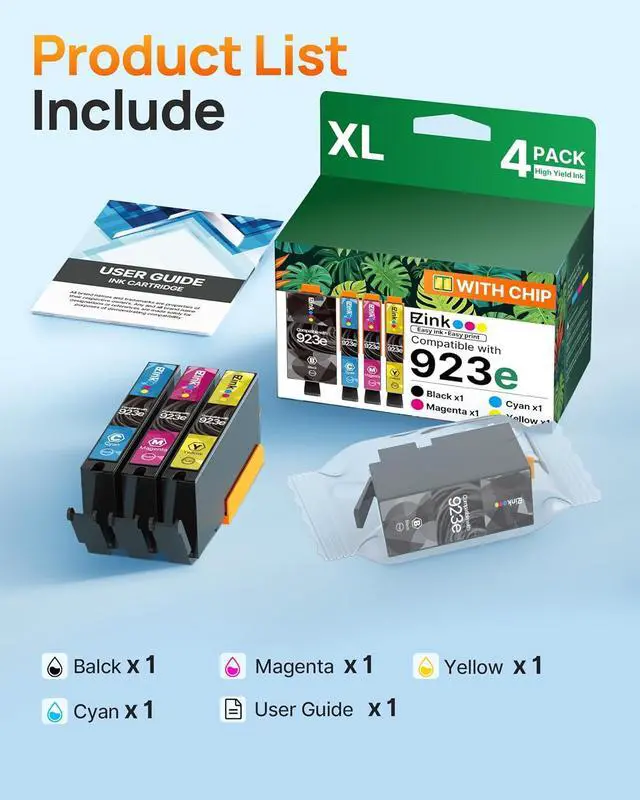 Alt view image 4 of 6 - E-Z Ink 923XL 923e 923 Ink cartridges Replacement for hp 923xl Ink cartridges Combo Pack for hp officejet pro 8130e 8125e 8135e 8138e 8139e 8122e Printers(4 Pack Black and Color Combo Pack with Chip)