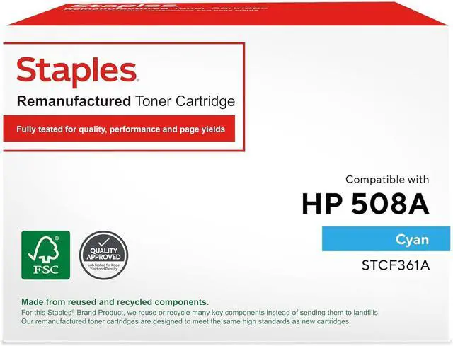Main image of STAPLES Compatible Remanufactured Toner Cartridge Replacement for HP 508A (Cyan)
