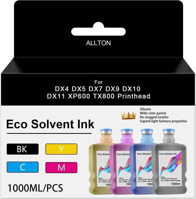 Main image of Eco Solvent Ink for Wide Format Grand Format Printers Replacement for DX4 DX5 DX7 DX9 DX10 DX11 XP600 TX800 Printhead, Mimaki, Roland, Mutoh (Black Cyan Yellow Magenta,4000ML)