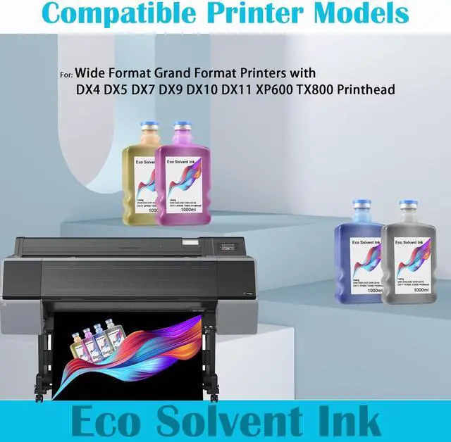 Alt view image 2 of 5 - Eco Solvent Ink for Wide Format Grand Format Printers Replacement for DX4 DX5 DX7 DX9 DX10 DX11 XP600 TX800 Printhead, Mimaki, Roland, Mutoh (Black Cyan Yellow Magenta,4000ML)
