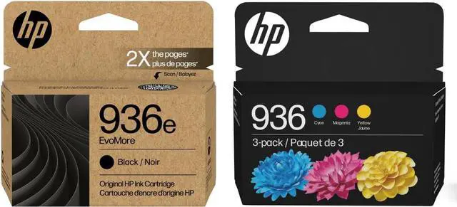 Main image of HP 936e EvoMore Black Original Ink Cartridge (1 Pack) and 936 Cyan/Magenta/Yellow Standard Yield Original Ink Cartridges (3-Pack) Bundle