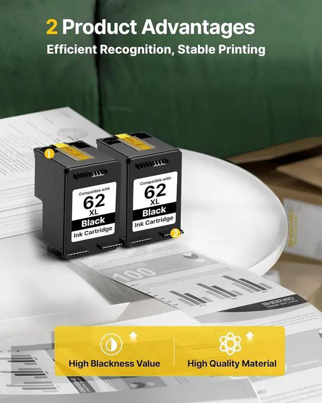 Alt view image 5 of 7 - 62XL Ink Cartridges (2 Black) Replacement for HP 62 Black Ink Cartridge 62XL High Yield Works with HP Envy 5540 5544 5545 5642 5660 5664 7640 7645 OfficeJet 200 250 258 5740 5745 5746 Series | C2P05AN