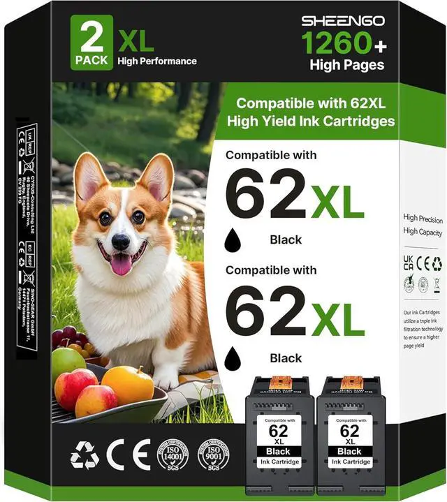 Main image of 62XL Ink Cartridges (2 Black) Replacement for HP 62 Black Ink Cartridge 62XL High Yield Works with HP Envy 5540 5544 5545 5642 5660 5664 7640 7645 OfficeJet 200 250 258 5740 5745 5746 Series | C2P05AN