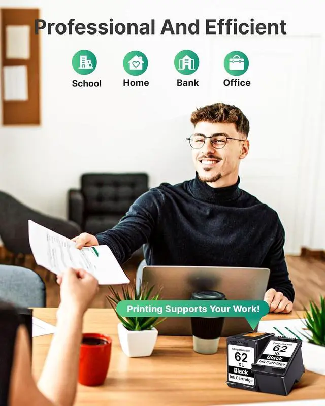 Alt view image 7 of 7 - 62XL Ink Cartridges (2 Black) Replacement for HP 62 Black Ink Cartridge 62XL High Yield Works with HP Envy 5540 5544 5545 5642 5660 5664 7640 7645 OfficeJet 200 250 258 5740 5745 5746 Series | C2P05AN