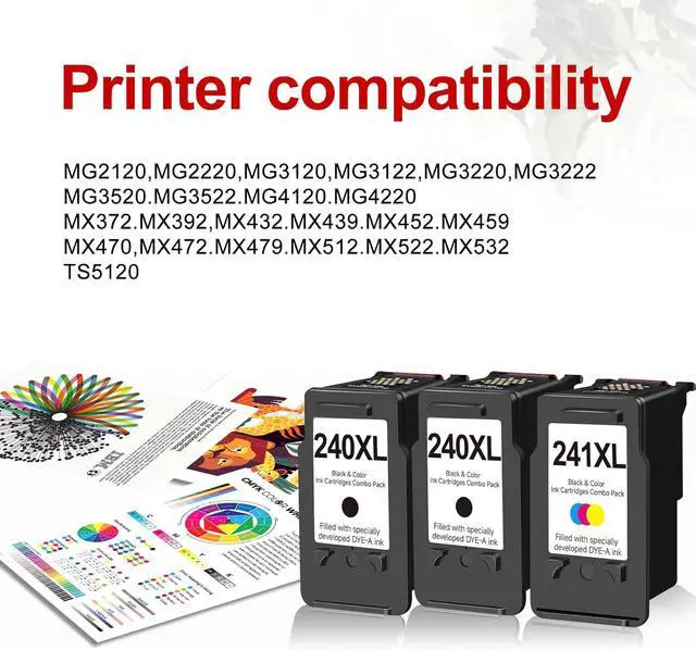 Alt view image 2 of 6 - 240XL 241XL Ink Cartridges 3 Pack Compatible Replacement for Canon PG-240 CL-241 XL pg240 cl241 Combo to MG3620 MG3600 MG3520 TS5120 MG2120 MX472 MX452 MX512 MX532 Printer (2 Black,1 Color)