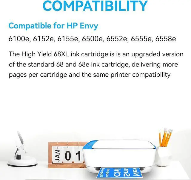 Alt view image 3 of 7 - 68XL Ink Cartridge High Yield Compatible for HP 68 Ink Cartridges Black/Color Combo Pack Replacement for HP 68e Compatible for HP Envy 6155e, 6500e, 6552e, 6555e, 6558e, 6100e, 6152e Printer
