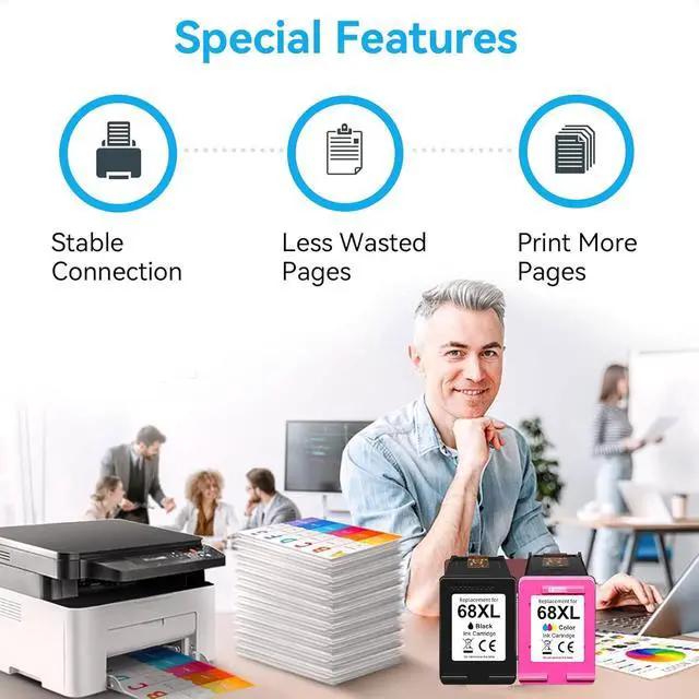 Alt view image 7 of 7 - 68XL Ink Cartridge High Yield Compatible for HP 68 Ink Cartridges Black/Color Combo Pack Replacement for HP 68e Compatible for HP Envy 6155e, 6500e, 6552e, 6555e, 6558e, 6100e, 6152e Printer