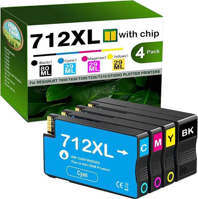 Main image of 712XL 712 XL Ink High Yield Compatible for HP 712 Ink Cartridges Combo Pack Replacement for HP DesignJet T210 Ink T230 T250 T630 T650 Studio Plotter Printer (1 Black,1 Cyan,1 Magenta,1 Yellow, 4Pack)