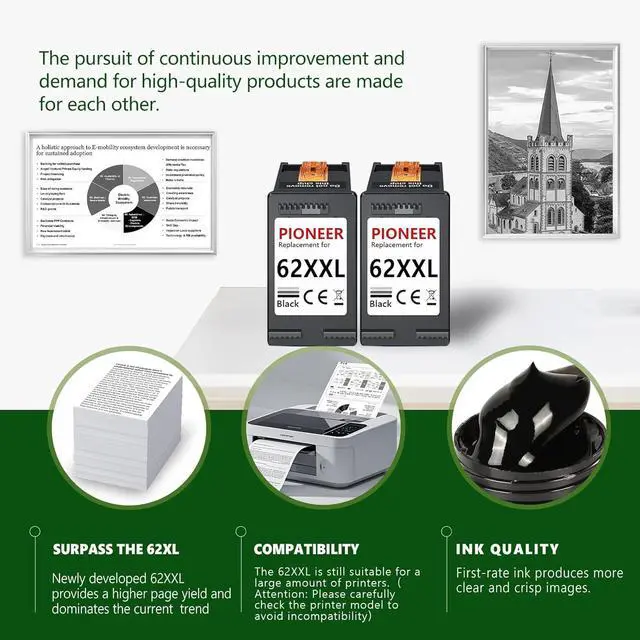 Alt view image 2 of 7 - 62XXL Ink Cartridges Replacement for HP Ink 62, 62xl Black Ink cartridges Compatible with Envy 5540 7640 5640 5660 7644 7645 7643 OfficeJet 5740 8040 5745 (2Black)