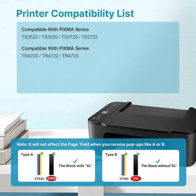 Alt view image 2 of 5 - 275XL 276XL Replacement for Ink 275 and 276 PG-275 CL-276 Black Color Ink Cartridges Combo Pack Compatible for Pixma TS3522 TR4720 TS3500 TS3520 TR4722 (1 Black, 1 Tri-Color)