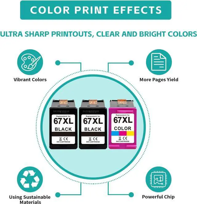 Alt view image 5 of 6 - Compatible -Hp Ink 67XL Black and Color Combo Pack New, Hp Envy 6455e Ink Cartridges, 67XL High Yield 3-Pack(2 Black 1 Tri-Color) Compatible for Deskjet 2700/4100 Deskjet Plus 4100/4155 (Not for HP+)