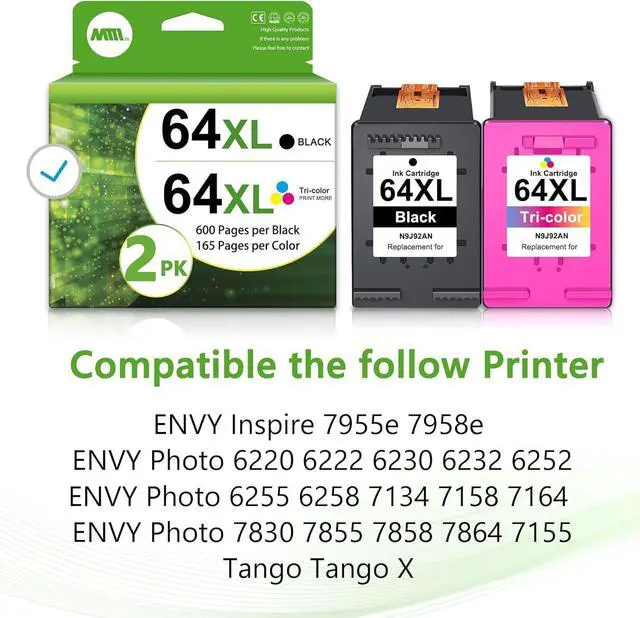 Alt view image 2 of 7 - 64XL Ink Cartridge (Black and Color 2-Pack) Replacement for HP 64 XL 64 Ink Cartridges Fits for Envy Photo 7858 7855 7155 7864 7158 6252 6255 Tango Printer Combo Pack