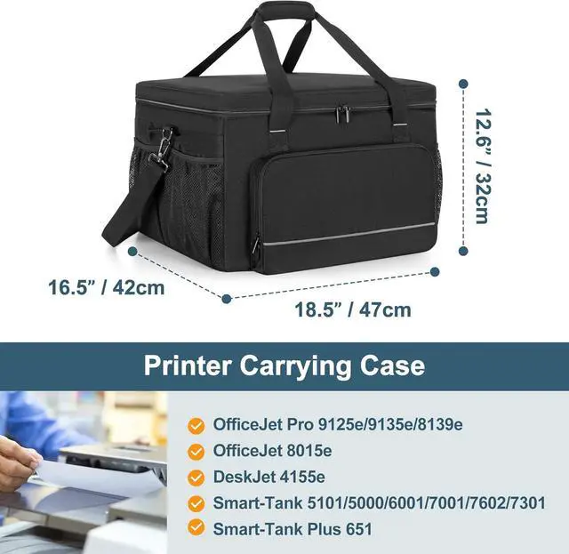Alt view image 5 of 7 - Yarwo Printer Carrying Case Compatible with HP OfficeJet Pro/DeskJet/Smart-Tank, Padded Office Printer Storage Bag with Base Board and Dividers for Ink, Paper and Office Supplies (BAG ONLY)
