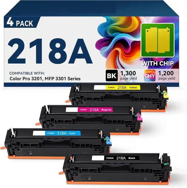 Main image of 218A Toner Cartridge 4-Pack Compatible Replacement for W2180A W2181A W2182A W2183A, Works with HP ColorPro MFP 3201/3301 Series Printers, High Yield Ink for Office & Home
