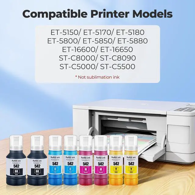 Alt view image 2 of 7 - 542 Ink Refill Bottles ET-5850 ET-5150 ET-5170 ET-16650 ET-5800 542 Ink Refill Bottles Work for ET-5850 ET-5150 ET-5170 ET-16650 ET-5800 ET-16600 ET-5880 ET-5180 ST-C8000 (2BK 2C 2M 2Y)