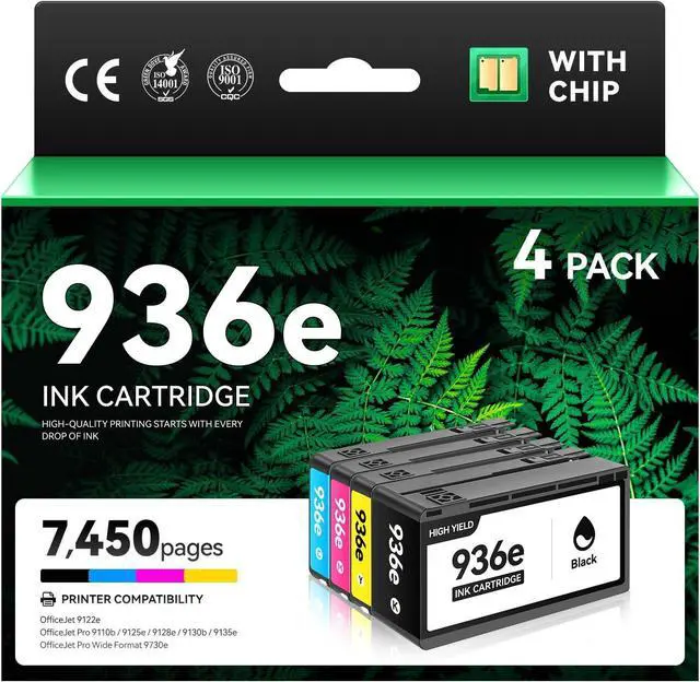 Main image of 936e 936 Ink Cartridges 4-Pack High-Yield Replacement Compatible with HP OfficeJet Pro 9122e 9110b 9125e 9128e 9130b 9135e Wide Format 9730e Printer 936XL Black Cyan Yellow Magenta Combo Set with Chip