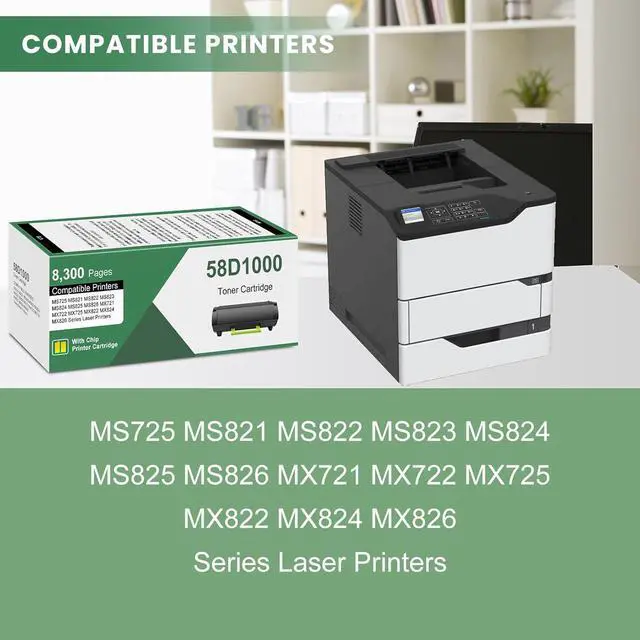 Alt view image 2 of 6 - 58D1000 Black Toner Cartridge (with New Chip) Repalcement for Lexmark 58D1000 Toner Cartridge for MS725 MS821 MS822 MS823 MS824 MS825 MX721 MX722 Laser Printers, 1 Pack 58D1000 Ink Kit