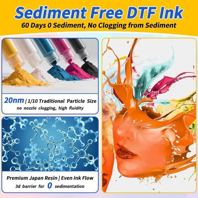 Alt view image 3 of 7 - 1500ML No Sediment DTF InkDTF Transfer Ink for PET Film, with Pointed SpoutAnti Clogging Heat Transfer Ink for Epson ET-8550, L1800, L800, R2400, P400, P800, XP15000 (250ml x 6, CMYK Wh)