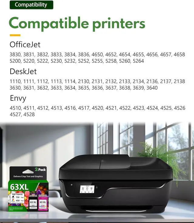 Alt view image 3 of 7 - 63XL Ink Cartridges Black and Color Replacement for HP Ink 63 XL Combo Pack Work for OfficeJet 3830 4650 5255 5258 5200; Envy 4520 4512 4510; DeskJet 1112 2130 3630 (2 Pack)