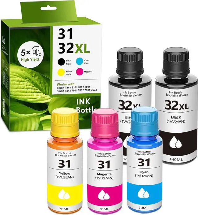 Main image of 31 Ink Bottles Set, 32XL Ink Bottles Set Compatible Refill Ink Bottle Replacement for HP 31 32XL for Smart Tank 5101 5102 6001 7001 7002 7301 7602 Plus 651 551 Ink Tank (2BK C M Y)