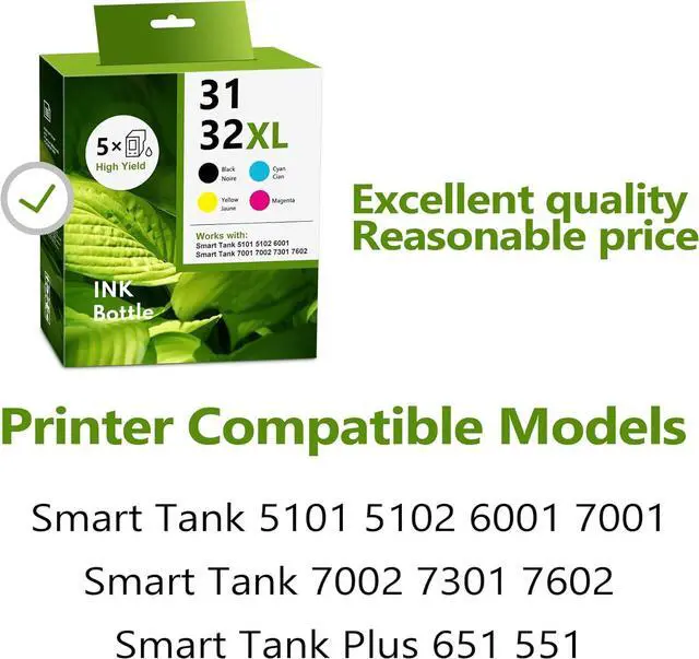 Alt view image 2 of 7 - 31 Ink Bottles Set, 32XL Ink Bottles Set Compatible Refill Ink Bottle Replacement for HP 31 32XL for Smart Tank 5101 5102 6001 7001 7002 7301 7602 Plus 651 551 Ink Tank (2BK C M Y)