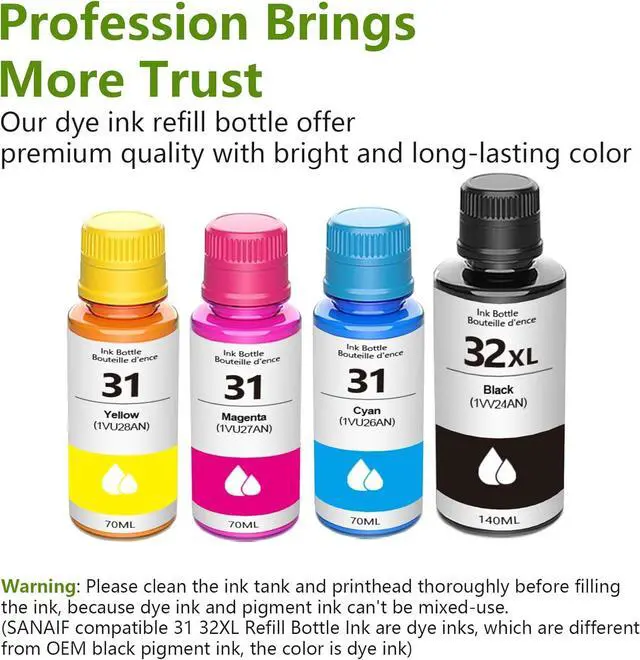 Alt view image 4 of 7 - 31 Ink Bottles Set, 32XL Ink Bottles Set Compatible Refill Ink Bottle Replacement for HP 31 32XL for Smart Tank 5101 5102 6001 7001 7002 7301 7602 Plus 651 551 Ink Tank (2BK C M Y)