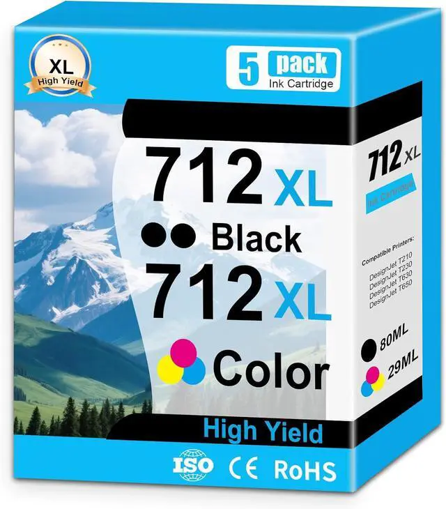 Main image of 5 Pack 712XL 712 XL 712 Ink Cartridge Use for DesignJet T210 T230 T630 T650 Studio Plotter Printers (Black: 80ml, C/M/Y: 29ml)