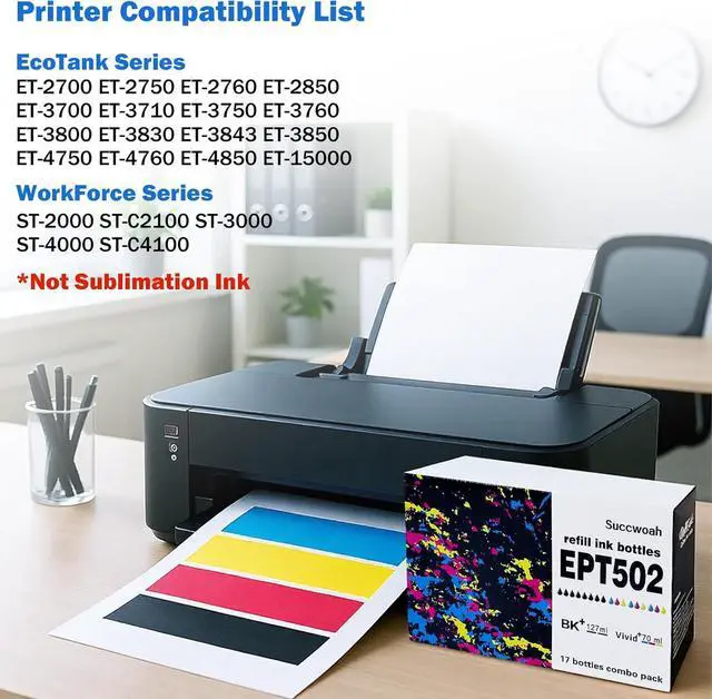 Alt view image 2 of 7 - EPT502 502 Ink Refill Bottles (BK C M Y) 17 Bottles for Ecotank ET-2700 2750 2760 2850 ET-3700 ET-3710 ET-3750 ET-3760 3800 3830 3843 3850 4750 4760 4850 15000 ST-4000 ST-2000 ST-3000 Printer