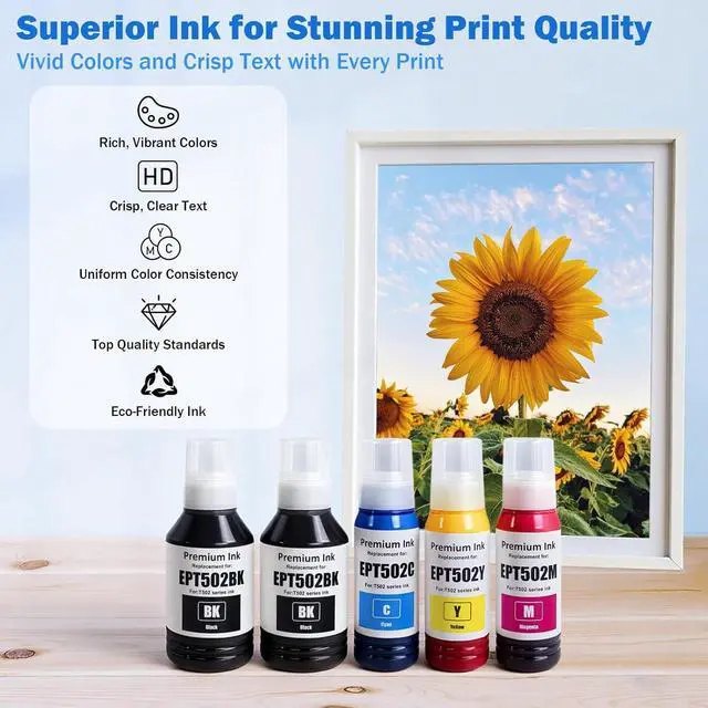 Alt view image 4 of 7 - EPT502 502 Ink Refill Bottles (BK C M Y) 17 Bottles for Ecotank ET-2700 2750 2760 2850 ET-3700 ET-3710 ET-3750 ET-3760 3800 3830 3843 3850 4750 4760 4850 15000 ST-4000 ST-2000 ST-3000 Printer