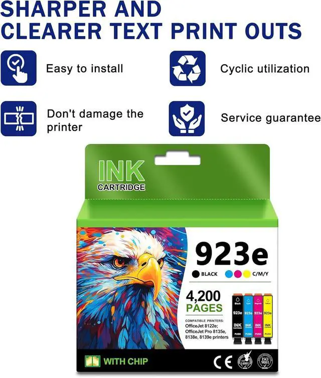 Alt view image 4 of 6 - 923XL 923e Ink Cartridge High Yield (with Chip) Combo 4-Pack Compatible for 923e 923 Ink Cartridge for OfficeJet Pro 8130 8135e 8138e 8139e 8120 8123 8122e OfficeJet Pro 8135e 8139e Printers