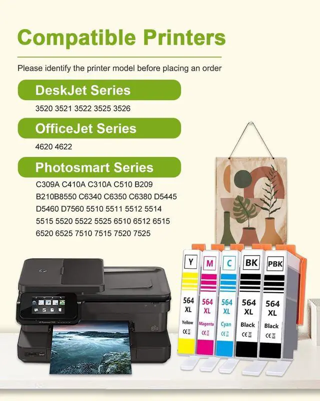 Alt view image 2 of 6 - 564XL Ink Cartridges High Yield Replacement for HP 564 XL Black and Color Ink Cartridges for PhotoSmart 7520 7525 5520 6520 6510 C309G DeskJet 3520 3522 Printer 5-Pack (Bk/PBK/Cyan/Magenta/Yellow)