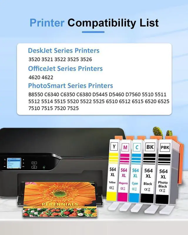 Alt view image 2 of 6 - 564XL Ink Cartridges High Yield Replacement for HP 564 XL Black and Color Ink Cartridges Work for PhotoSmart 7520 7525 5520 6520 6510 C309G DeskJet 3520 3522 Printer 5 Pack (Bk/PBK/C/M/Y)