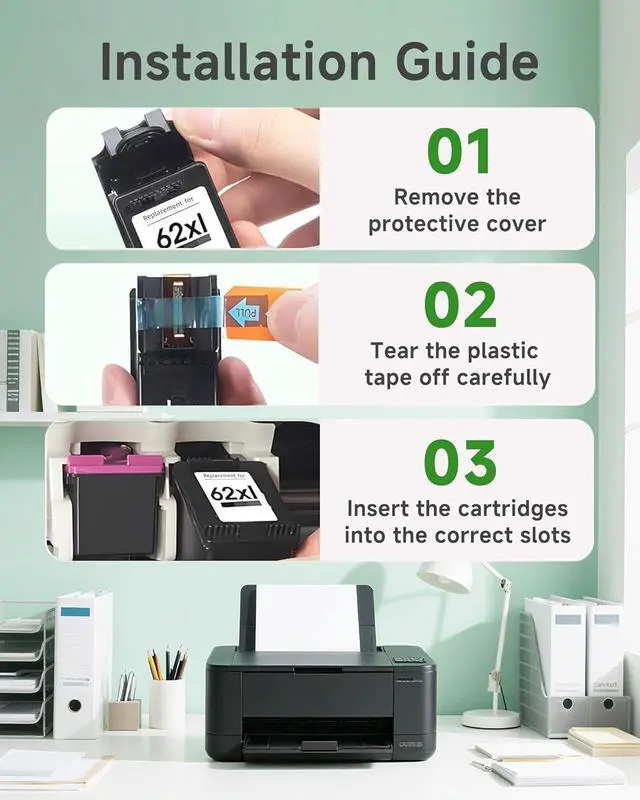 Alt view image 4 of 5 - 62XL Ink Cartridges Combo Pack Replacement for HP Ink 62 Printer Ink 62 XL High Yield for HP Envy 7640 7645 5660 5540 for OfficeJet Mobile 200 250 for OfficeJet 5740 8040 (1 Black,1 Tri-Color)