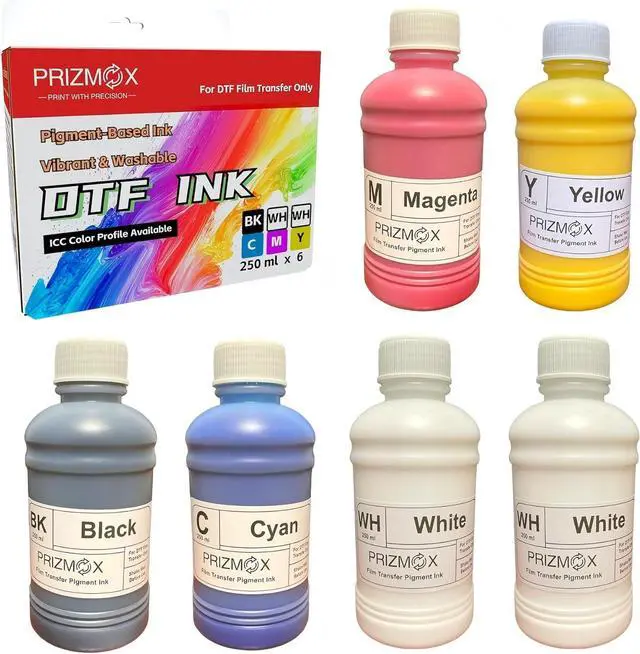 Main image of DTF Ink 1500ML Combo Pack Pigment Ink Use with DTF Film Heat Transfer Printing, Refill for DTF Printer DX5 DX7 5113 XP600 I3200 4720 XP15000(2 White+KCMY, 250ml x 6)
