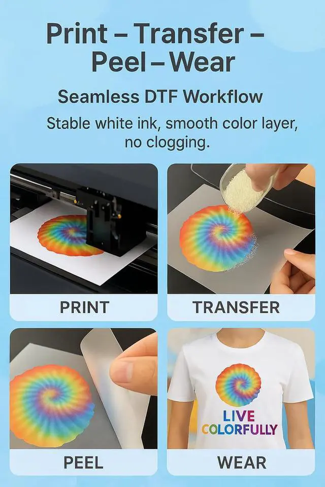 Alt view image 4 of 5 - DTF Ink 1500ML Combo Pack Pigment Ink Use with DTF Film Heat Transfer Printing, Refill for DTF Printer DX5 DX7 5113 XP600 I3200 4720 XP15000(2 White+KCMY, 250ml x 6)