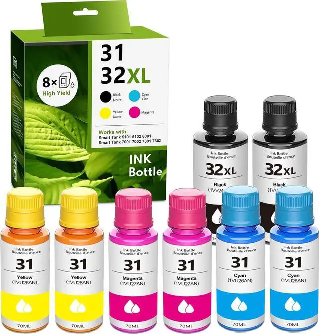 Main image of 32XL/31 Black Cyan Yellow Magenta High Yield Ink Refills 8/Pack-1VV24AN 1VU26AN 1VU27AN 1VU28AN Replacement for HP 31 32XL for Smart Tank 5101 5102 6001 7001 7002 7301 7602 Plus 651 551 Ink Tank