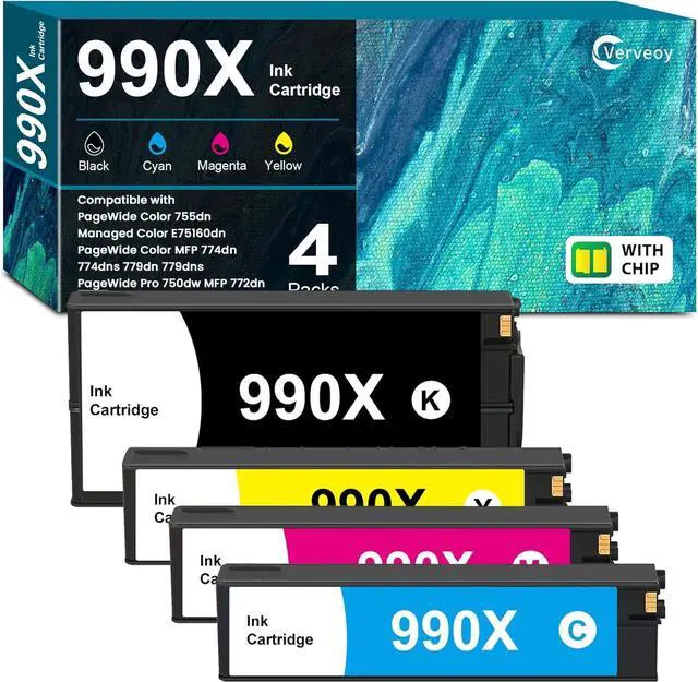 Main image of 990X 990XL 990XC Ink Cartridges Replacement for HP 990X Ink M0K01AN M0J89AN M0J93AN M0J97AN for PageWide Color 755dn MFP 774dn 774dns Printer Ink (4-Pack, Black,Cyan,Magenta,Yellow)