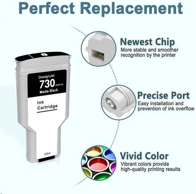Alt view image 3 of 7 - 730 Ink Cartridge 300ML P2V71A HP 730 Matte Black Replacement for HP DesignJet T1600 DesignJet T1700 DesignJet T2600 Printer 1-Pack